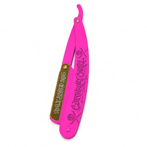 The pink razor open at an angle on white, showing the brass blade plate and the lettering along the handle.